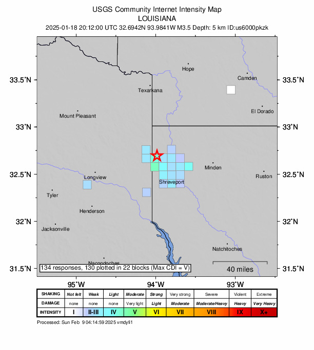 USGS DYFI community-reported intensity map for the M3.5 earthquake near 0 km WSW of Mooringsport, Louisiana