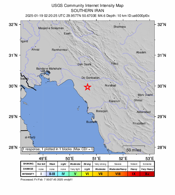 USGS DYFI community-reported intensity map for the M4.6 earthquake near 44 km NNE of Bandar-e Genāveh, Iran