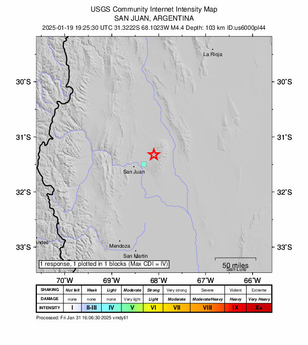 USGS DYFI community-reported intensity map for the M4.4 earthquake near 39 km ENE of San Martín, Argentina