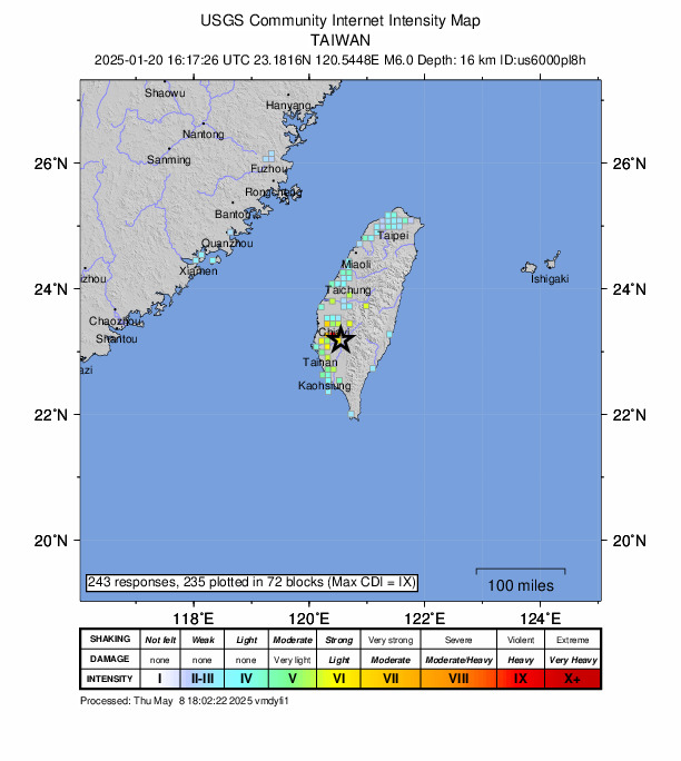 USGS DYFI community-reported intensity map for the M6.0 earthquake near 10 km NE of Yujing, Taiwan