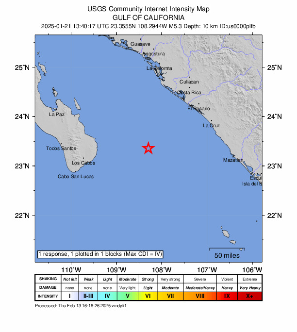 USGS DYFI community-reported intensity map for the M5.3 earthquake near 134 km ESE of La Rivera, Mexico