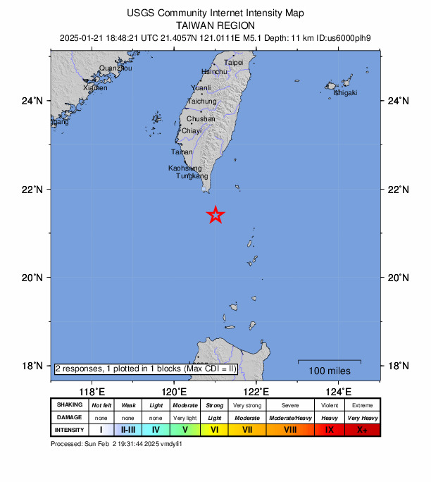 USGS DYFI community-reported intensity map for the M5.1 earthquake near 71 km SSE of Hengchun, Taiwan
