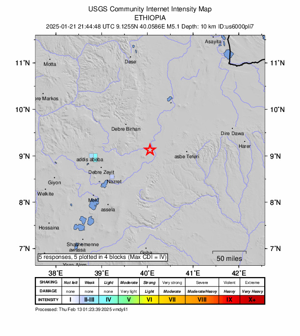 USGS DYFI community-reported intensity map for the M5.1 earthquake near 19 km NW of Āwash, Ethiopia