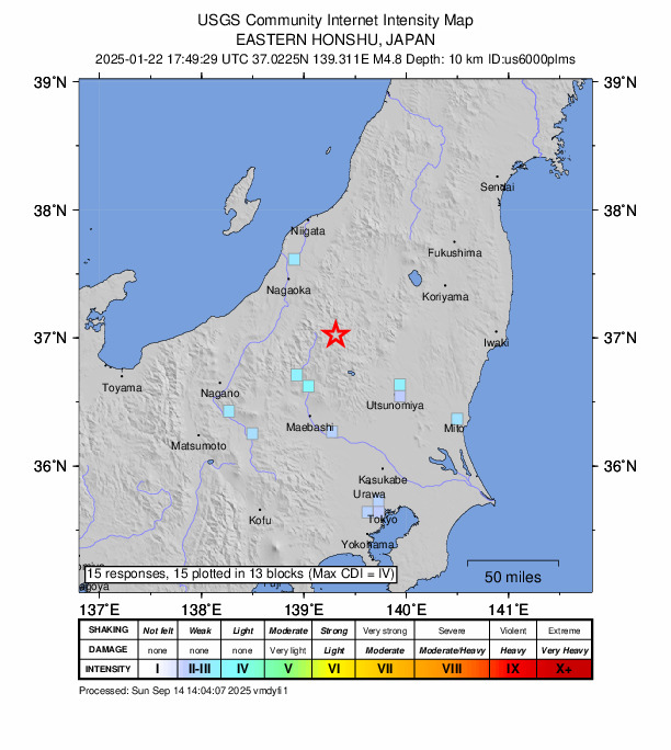 USGS DYFI community-reported intensity map for the M4.8 earthquake near 20 km NNE of Katashina, Japan