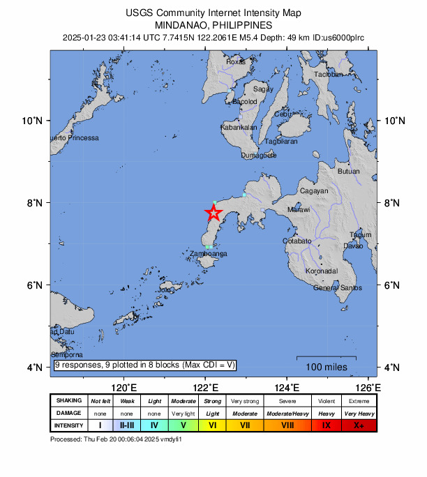USGS DYFI community-reported intensity map for the M5.4 earthquake near 8 km E of Siocon, Philippines