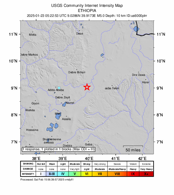 USGS DYFI community-reported intensity map for the M5.0 earthquake near 14 km N of Metahāra, Ethiopia