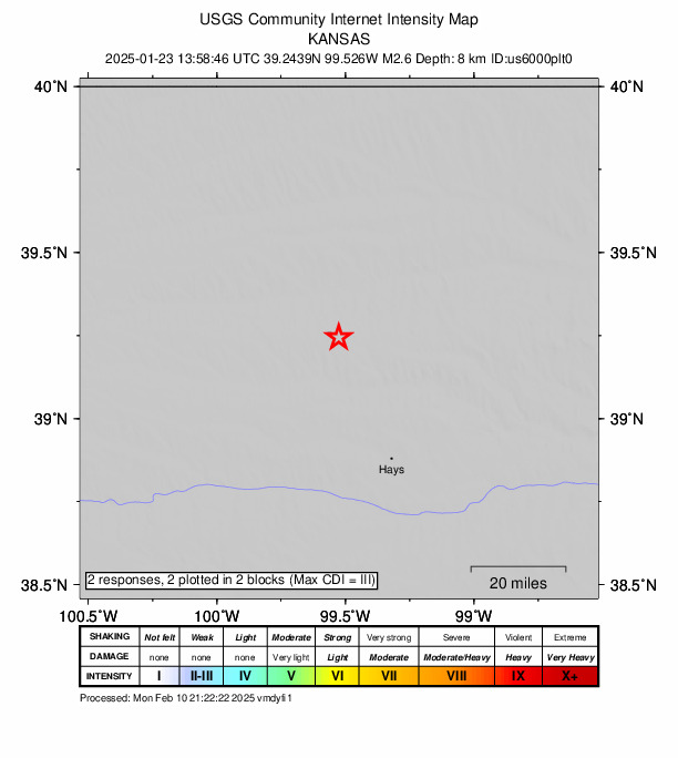 USGS DYFI community-reported intensity map for the M2.6 earthquake near 5 km E of Palco, Kansas