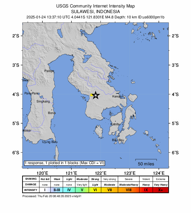 USGS DYFI community-reported intensity map for the M4.8 earthquake near 78 km W of Kendari, Indonesia