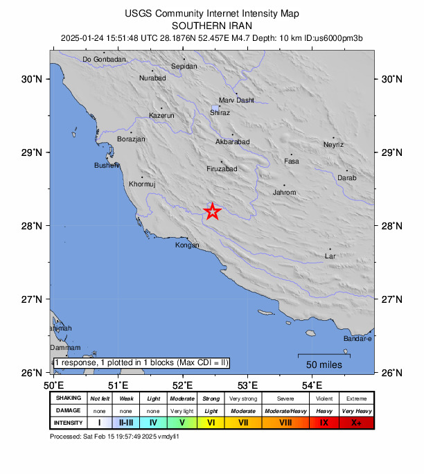 USGS DYFI community-reported intensity map for the M4.7 earthquake near 73 km S of Fīrūzābād, Iran