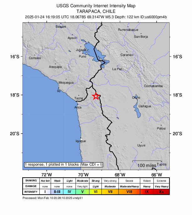 USGS DYFI community-reported intensity map for the M5.3 earthquake near 75 km ESE of Palca, Peru