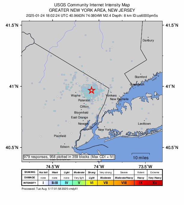 USGS DYFI community-reported intensity map for the M2.4 earthquake near 2 km N of Paramus, New Jersey