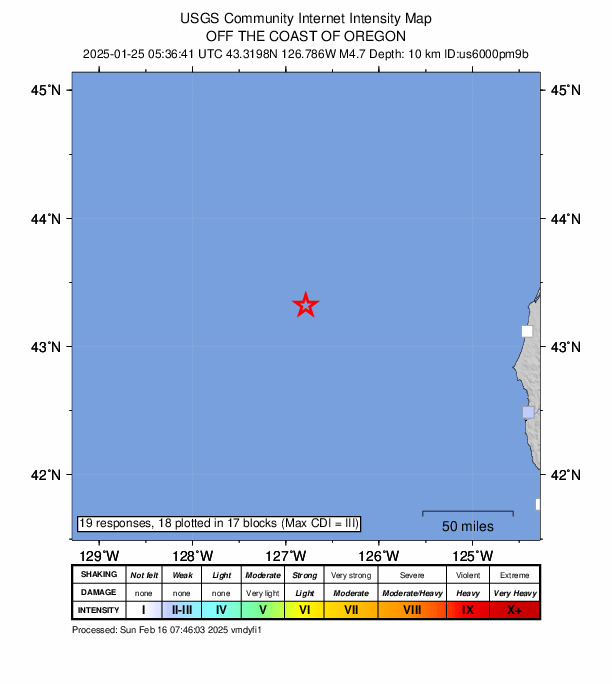 USGS DYFI community-reported intensity map for the M4.7 earthquake near 194 km W of Bandon, Oregon