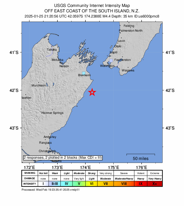 USGS DYFI community-reported intensity map for the M4.4 earthquake near 63 km SSE of Witherlea, New Zealand