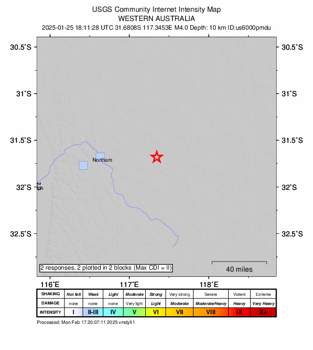 USGS DYFI community-reported intensity map for the M4.0 earthquake near 59 km ENE of York, Australia