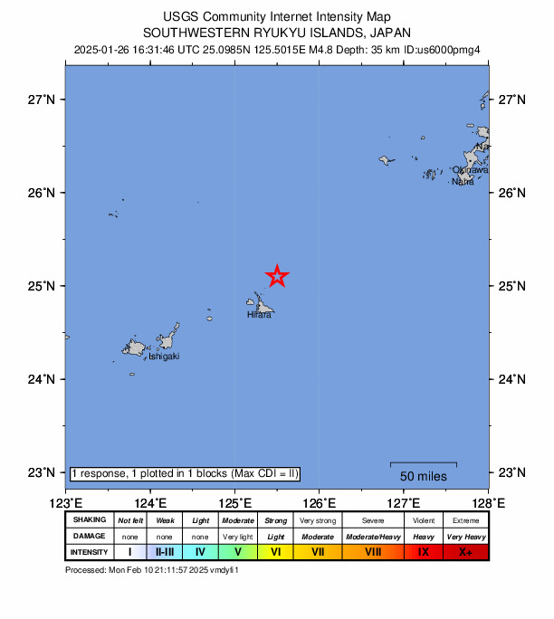 USGS DYFI community-reported intensity map for the M4.8 earthquake near 38 km NNE of Hirara, Japan