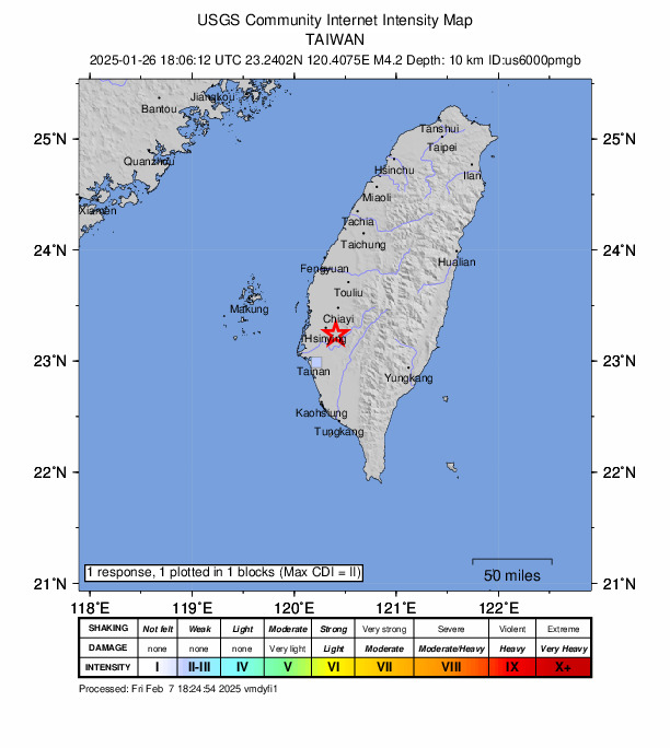 USGS DYFI community-reported intensity map for the M4.2 earthquake near 13 km NNW of Yujing, Taiwan