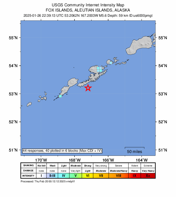 USGS DYFI community-reported intensity map for the M5.6 earthquake near 86 km SSW of Unalaska, Alaska