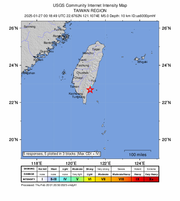 USGS DYFI community-reported intensity map for the M5.0 earthquake near 71 km ENE of Donggang, Taiwan