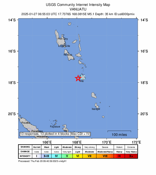 USGS DYFI community-reported intensity map for the M5.1 earthquake near 24 km W of Port-Vila, Vanuatu