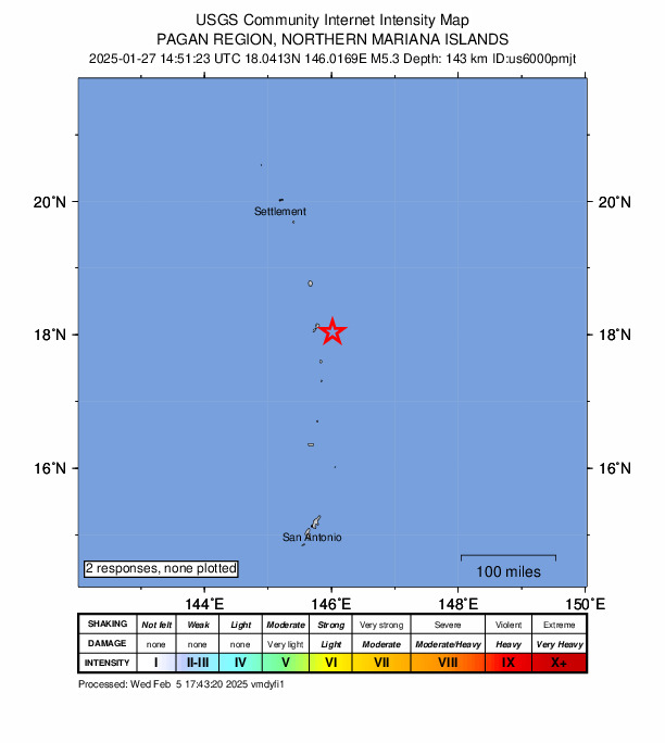 USGS DYFI community-reported intensity map for the M5.3 earthquake near Pagan region, Northern Mariana Islands