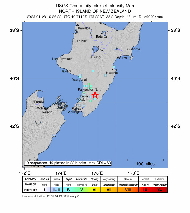 USGS DYFI community-reported intensity map for the M5.2 earthquake near 22 km NE of Kopuaranga, New Zealand