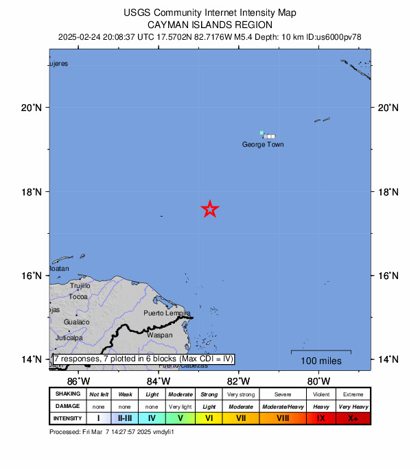 USGS DYFI community-reported intensity map for the M5.4 earthquake near 237 km SW of George Town, Cayman Islands