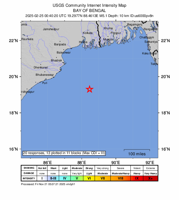 USGS DYFI community-reported intensity map for the M5.1 earthquake near 224 km ESE of Parādīp Garh, India