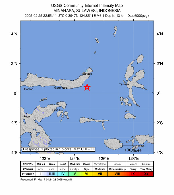USGS DYFI community-reported intensity map for the M6.1 earthquake near 45 km E of Modisi, Indonesia