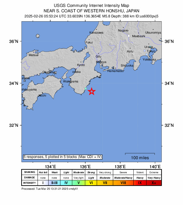 USGS DYFI community-reported intensity map for the M5.8 earthquake near 38 km ESE of Shingū, Japan