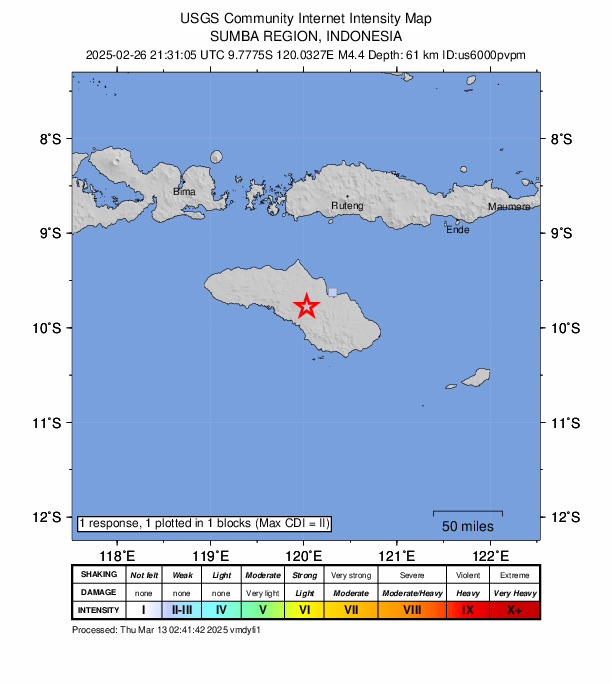 USGS DYFI community-reported intensity map for the M4.4 earthquake near 28 km WSW of Waingapu, Indonesia