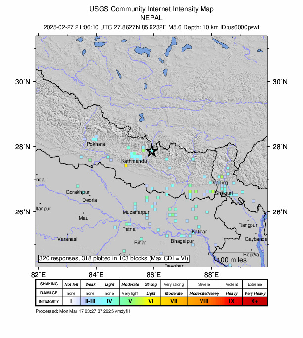USGS DYFI community-reported intensity map for the M5.0 earthquake near 11 km SSW of Kodāri̇̄, Nepal