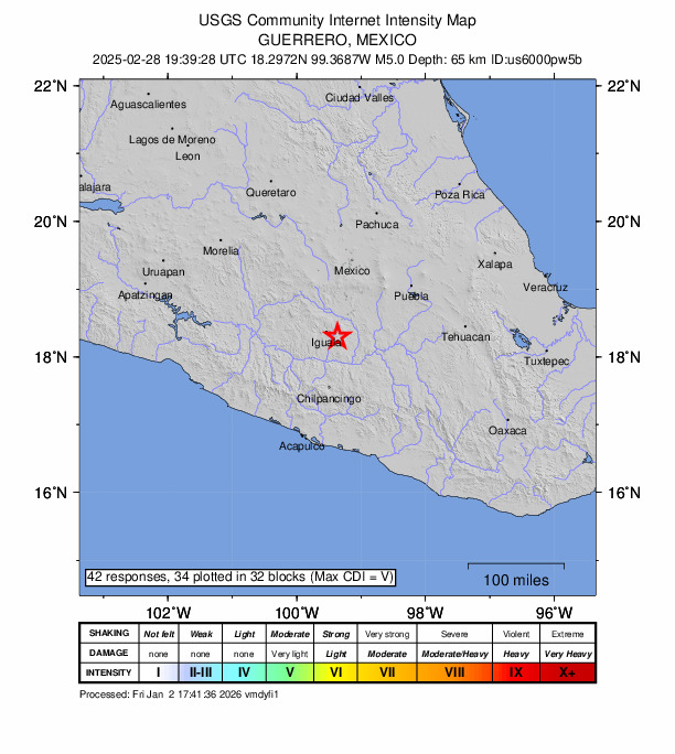 USGS DYFI community-reported intensity map for the M5.0 earthquake near 3 km NE of Pololcingo, Mexico