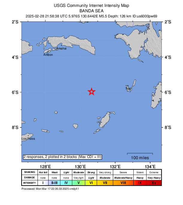 USGS DYFI community-reported intensity map for the M5.6 earthquake near 236 km W of Tual, Indonesia