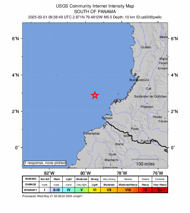 USGS DYFI community-reported intensity map for the M5.0 earthquake near 121 km WNW of Mosquera, Colombia