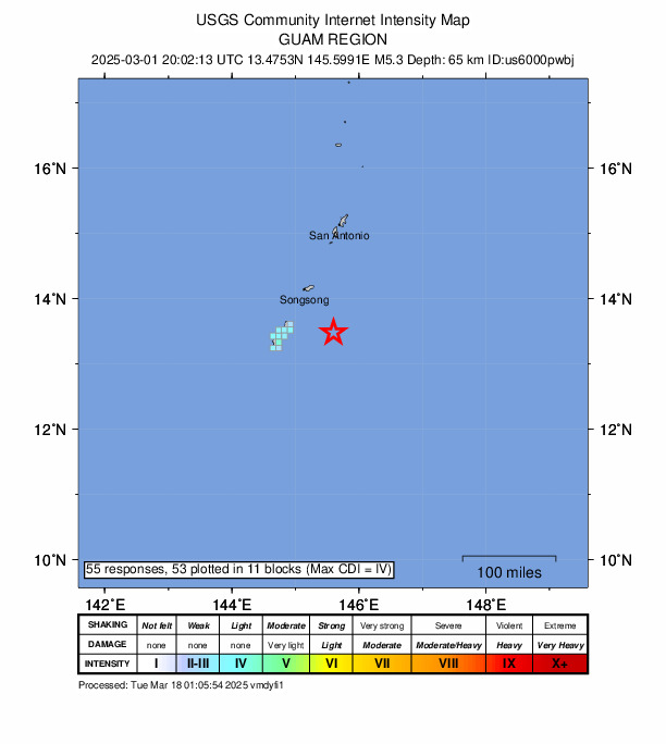 USGS DYFI community-reported intensity map for the M5.3 earthquake near 77 km E of Yigo Village, Guam