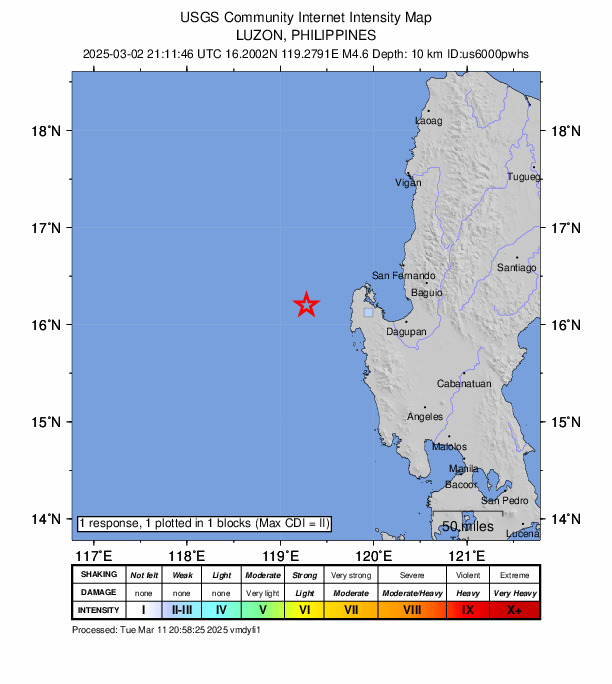 USGS DYFI community-reported intensity map for the M4.6 earthquake near 53 km W of Macabuboni, Philippines