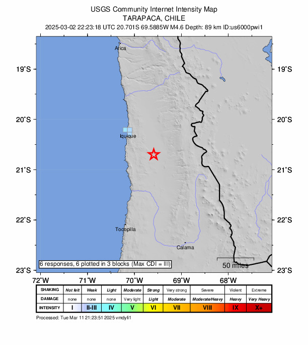 USGS DYFI community-reported intensity map for the M4.6 earthquake near 41 km S of La Tirana, Chile