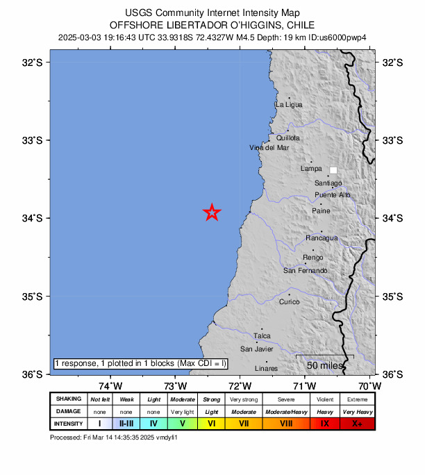 USGS DYFI community-reported intensity map for the M4.4 earthquake near 87 km WSW of San Antonio, Chile