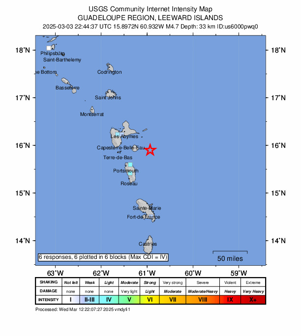 USGS DYFI community-reported intensity map for the M4.5 earthquake near 40 km E of Grand-Bourg, Guadeloupe
