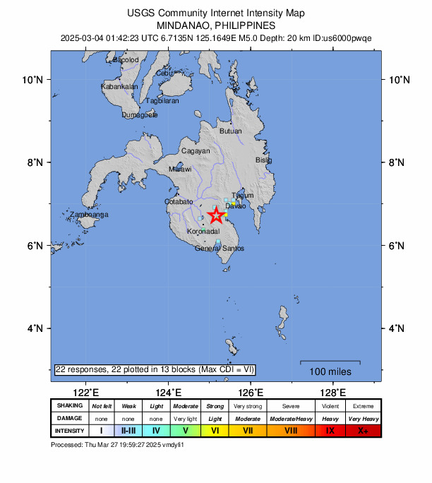 USGS DYFI community-reported intensity map for the M5.0 earthquake near 7 km SW of Magsaysay, Philippines