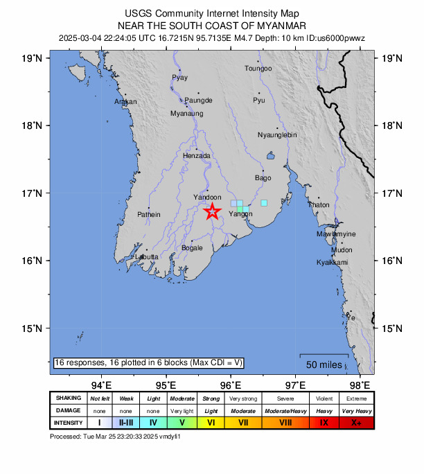 USGS DYFI community-reported intensity map for the M4.7 earthquake near 6 km NE of Maubin, Burma (Myanmar)