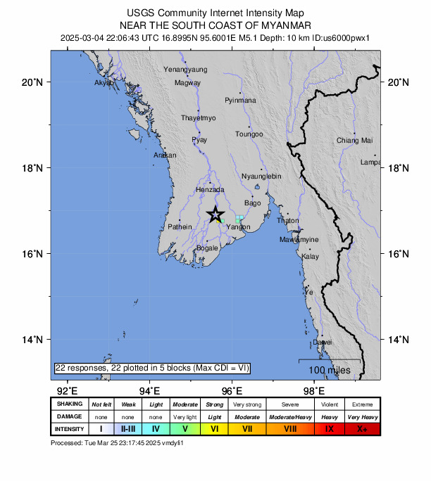 USGS DYFI community-reported intensity map for the M5.1 earthquake near 15 km S of Nyaungdon, Burma (Myanmar)