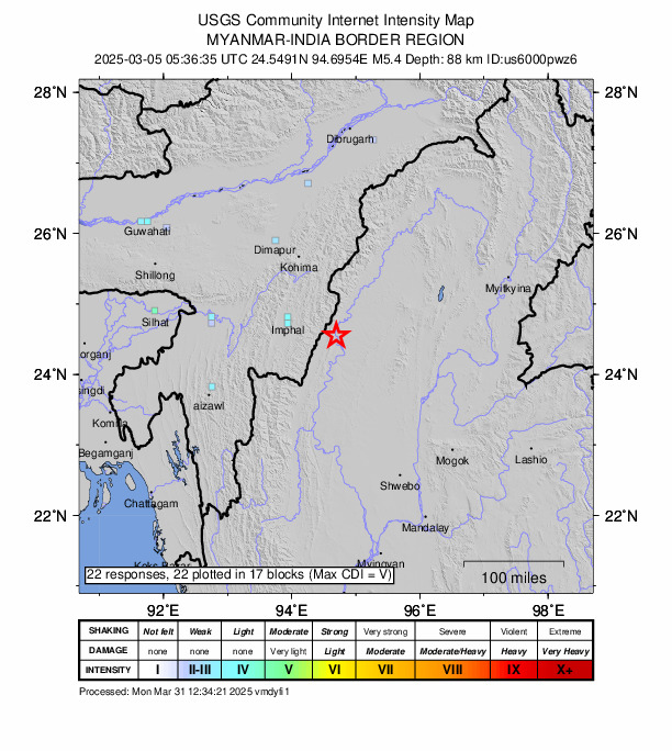 USGS DYFI community-reported intensity map for the M5.4 earthquake near 64 km E of Wāngjing, India