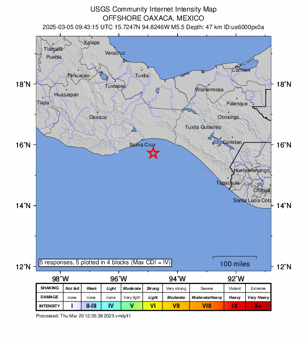 USGS DYFI community-reported intensity map for the M5.5 earthquake near 60 km SSE of Santa Gertrudis Miramar, Mexico
