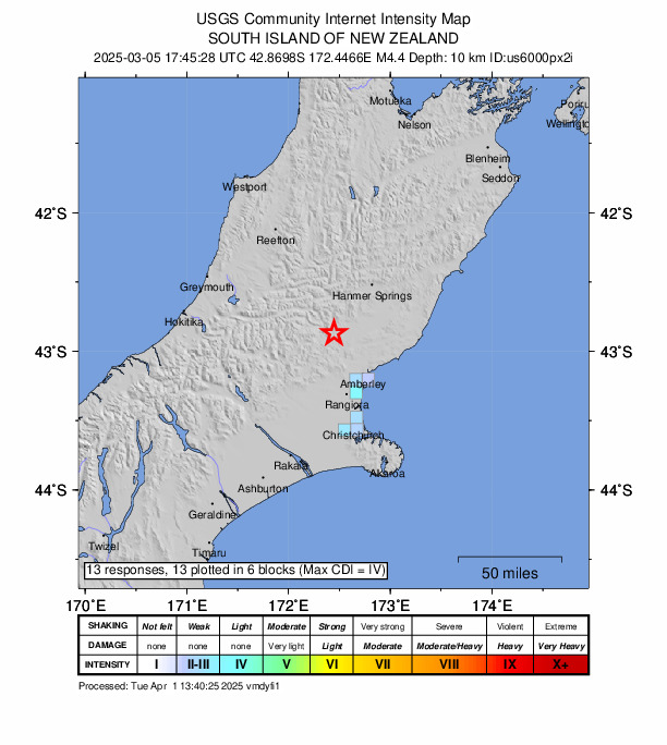 USGS DYFI community-reported intensity map for the M4.4 earthquake near 39 km NW of Amberley, New Zealand