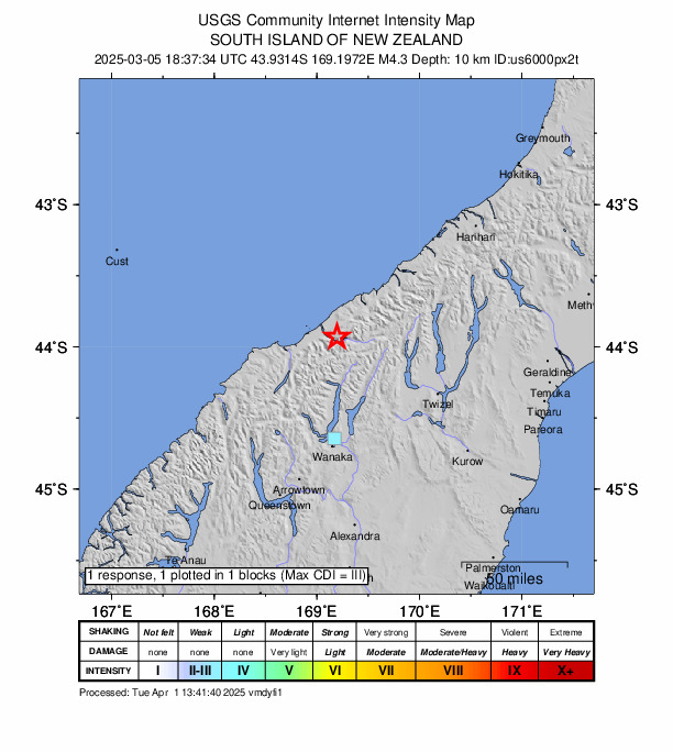 USGS DYFI community-reported intensity map for the M4.3 earthquake near 76 km SW of Waikowhai, New Zealand