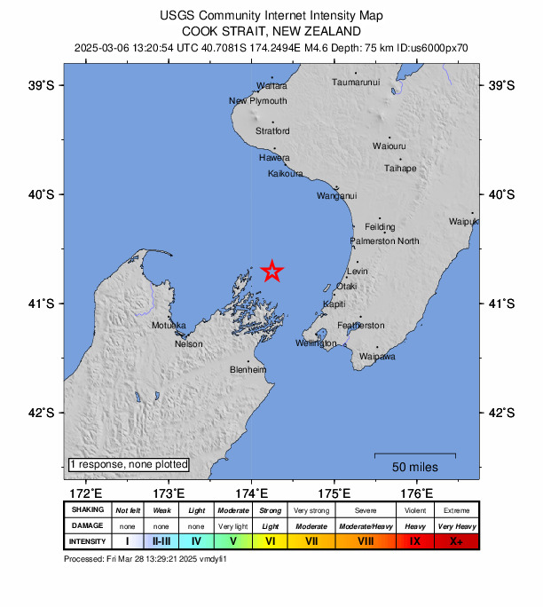 USGS DYFI community-reported intensity map for the M4.6 earthquake near 64 km NNE of Waikawa, New Zealand