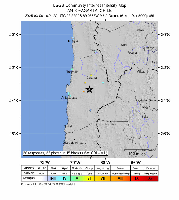 USGS DYFI community-reported intensity map for the M6.0 earthquake near 98 km S of Calama, Chile