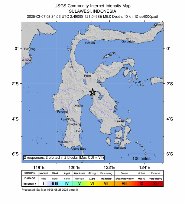 USGS DYFI community-reported intensity map for the M5.0 earthquake near 78 km E of Masamba, Indonesia