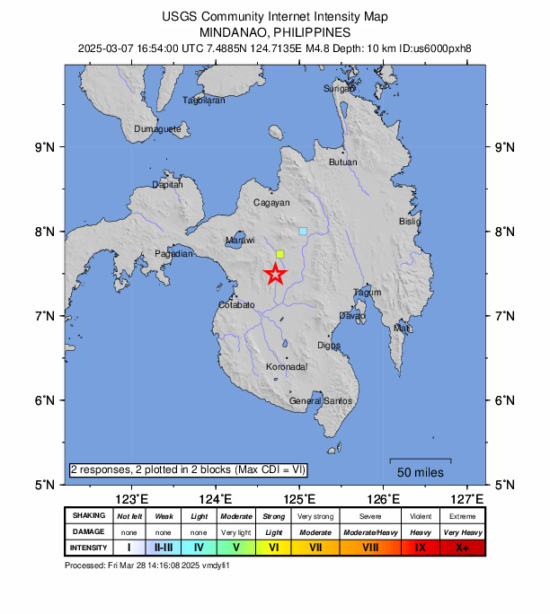 USGS DYFI community-reported intensity map for the M4.8 earthquake near 0 km ENE of Banisilan, Philippines